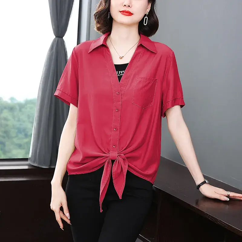2023 Fake Two-Piece French Style Meat Cover Shirt Women Summer Polo Top - Image 2