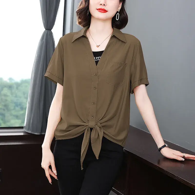 2023 Fake Two-Piece French Style Meat Cover Shirt Women Summer Polo Top - Image 3