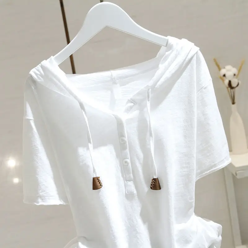 Women Cotton Hooded White T-Shirt 2025 Summer - Image 5
