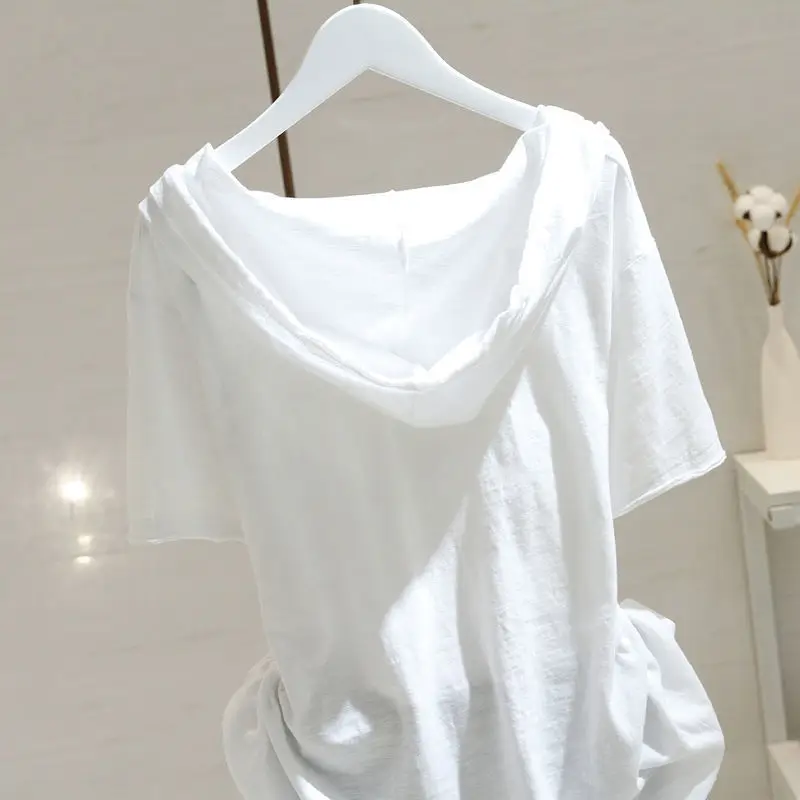 Women Cotton Hooded White T-Shirt 2025 Summer - Image 6