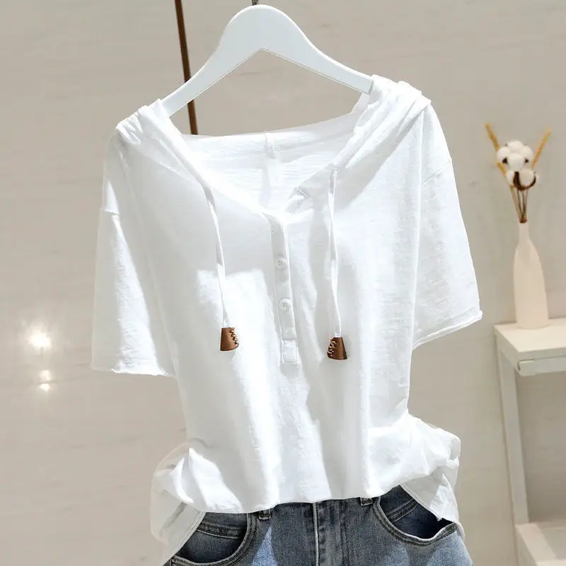 Women Cotton Hooded White T-Shirt 2025 Summer — feature 2