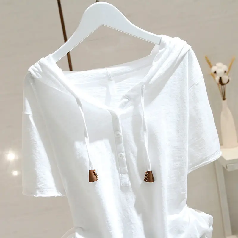 Women Cotton Hooded White T-Shirt 2025 Summer — feature 6