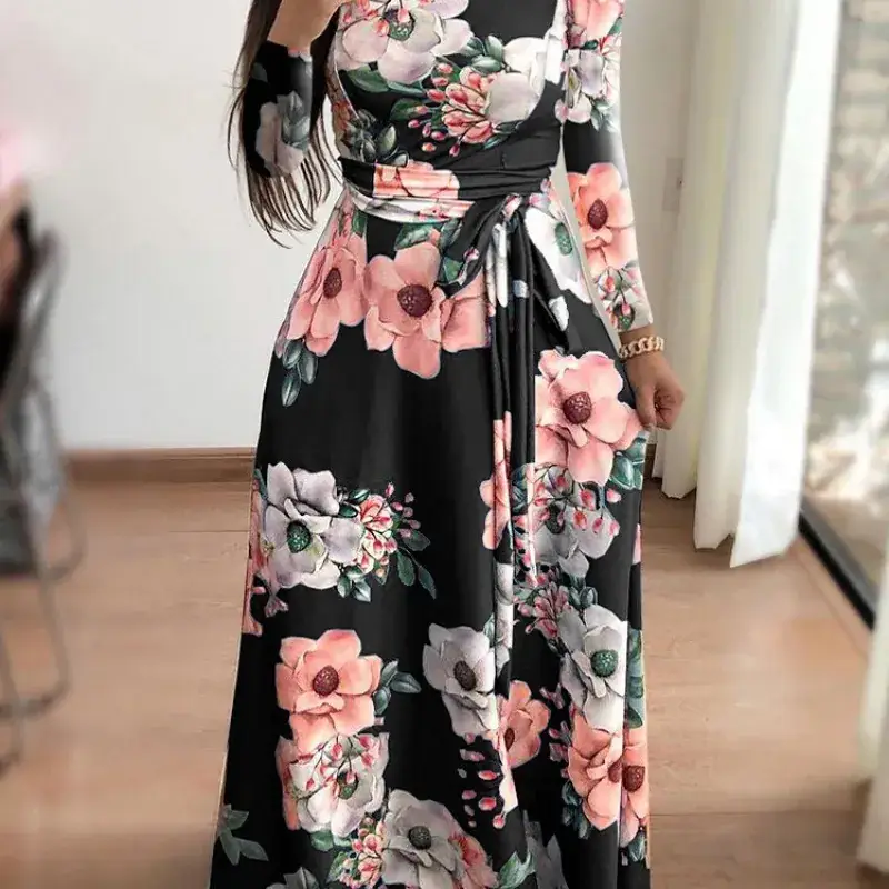 Women's Printed Strap Dress Black Floral Winter Casual - Image 10
