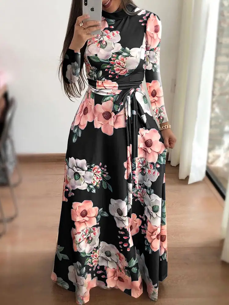 Women's Printed Strap Dress Black Floral Winter Casual — feature 2