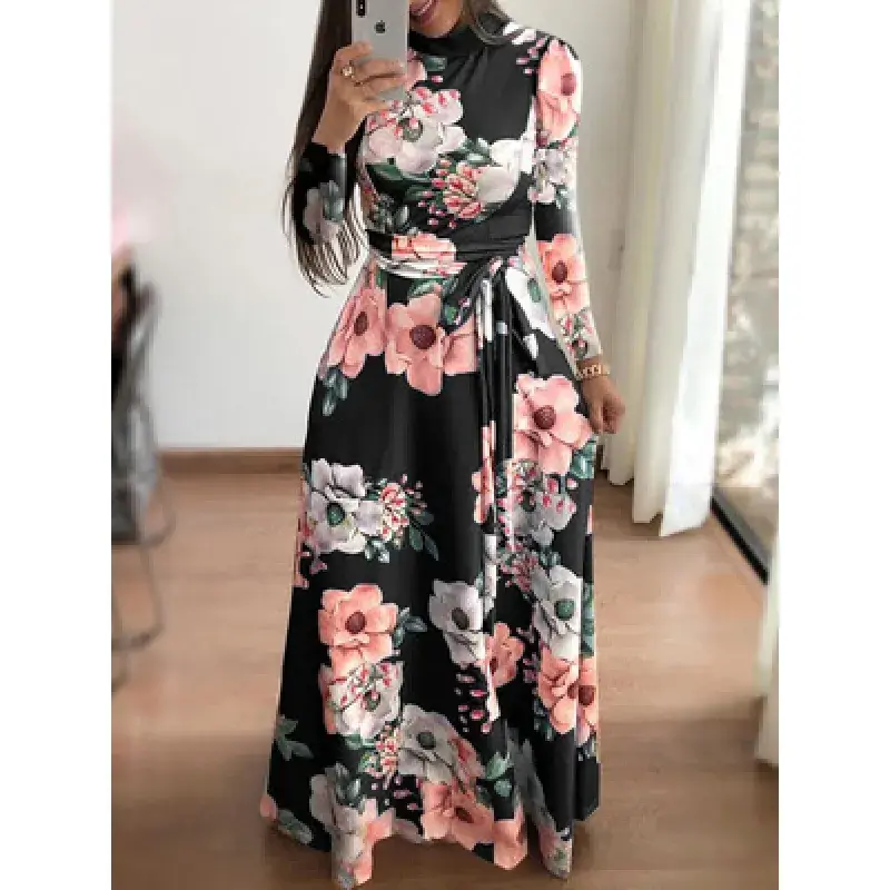 Women's Printed Strap Dress Black Floral Winter Casual - Image 3