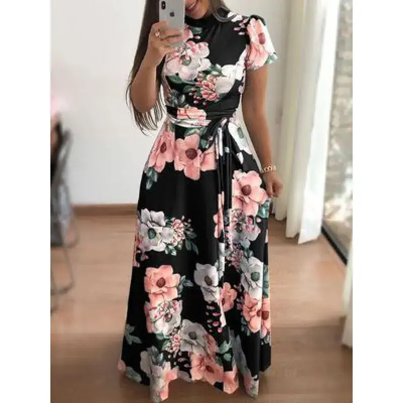 Women's Printed Strap Dress Black Floral Winter Casual - Image 6