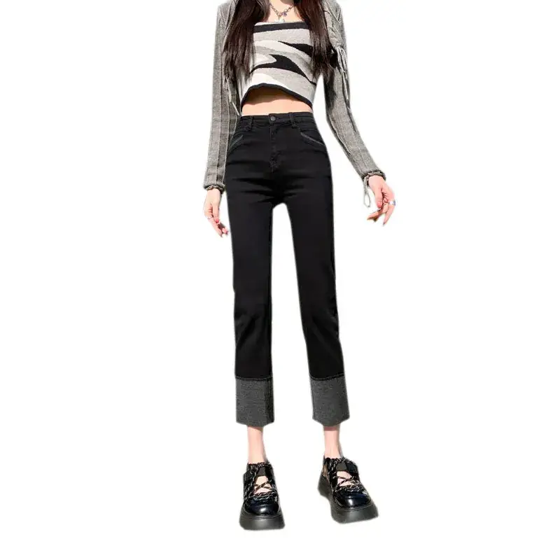 Women's Black Slim Fit Cropped Pants with Flanges - Image 6