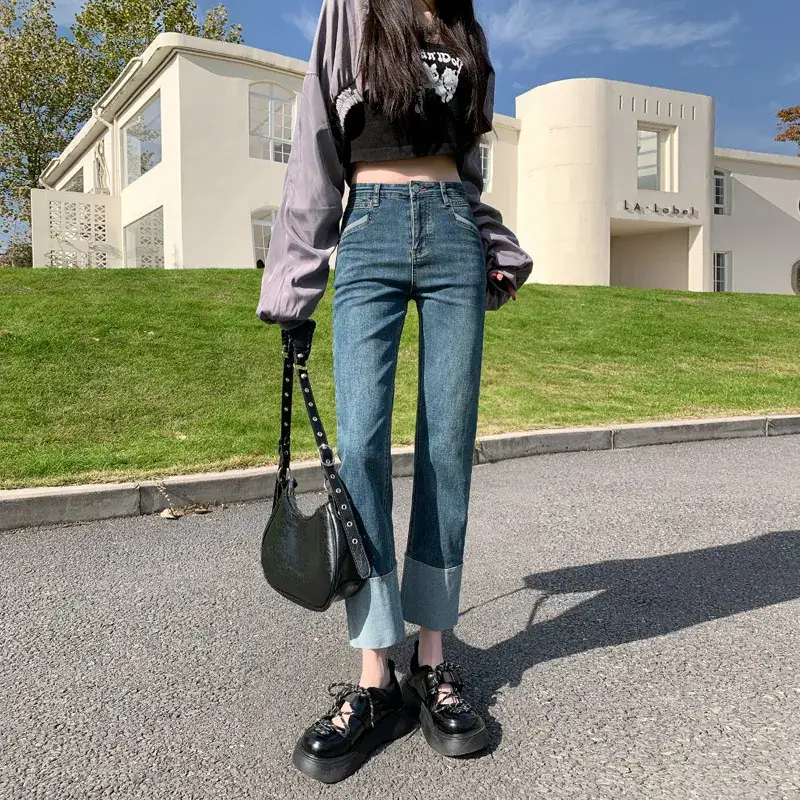 Women's Black Slim Fit Cropped Pants with Flanges - Image 2