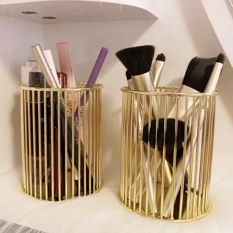 Golden Wrought Iron Makeup Brush Storage Bucket - Image 4