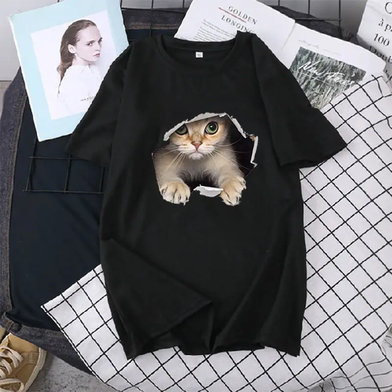 Women Loose T-Shirt White Cat Print - Image 2