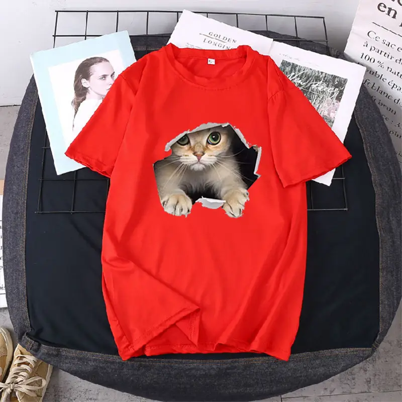 Women Loose T-Shirt White Cat Print - Image 4