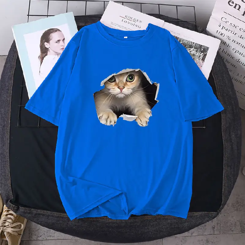 Women Loose T-Shirt White Cat Print - Image 9