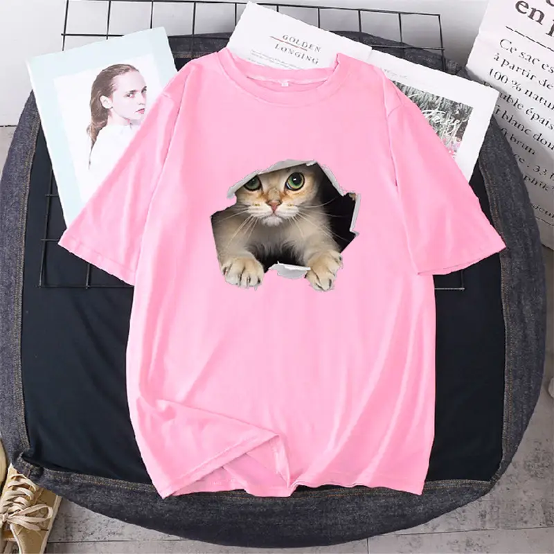 Women Loose T-Shirt White Cat Print - Image 10