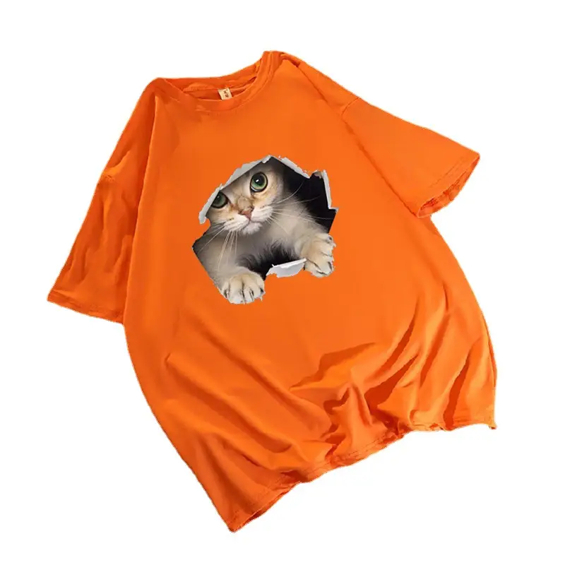 Women Loose T-Shirt White Cat Print - Image 11