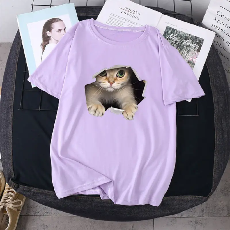 Women Loose T-Shirt White Cat Print — feature 11