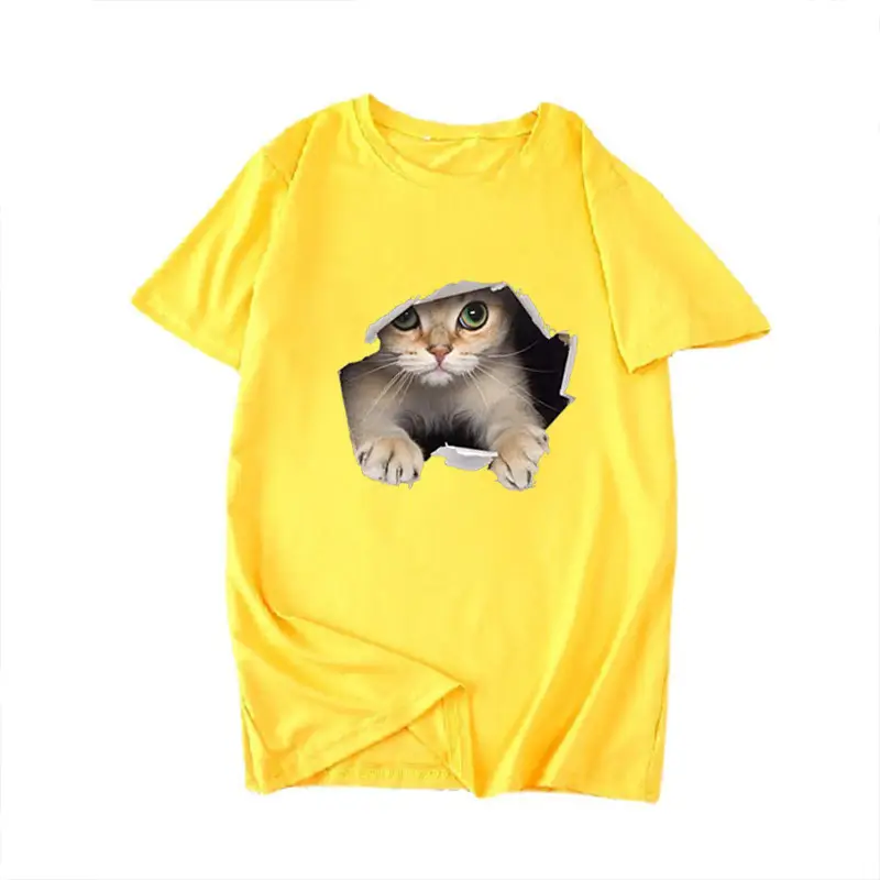 Women Loose T-Shirt White Cat Print — feature 8
