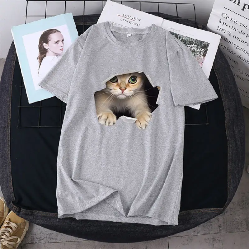 Women Loose T-Shirt White Cat Print - Image 3