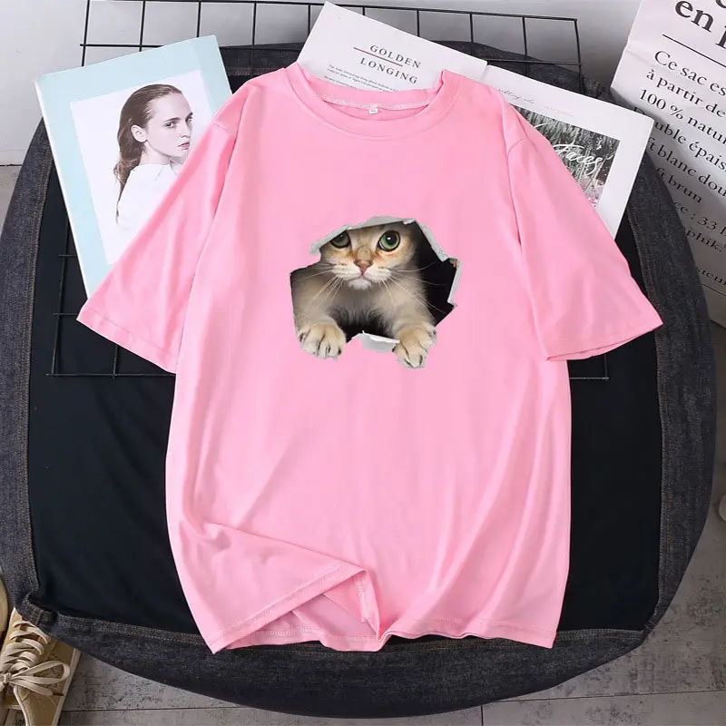 Women Loose T-Shirt White Cat Print - Image 5