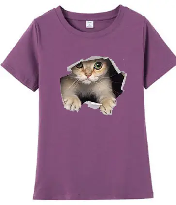 Women Loose T-Shirt White Cat Print - Image 7