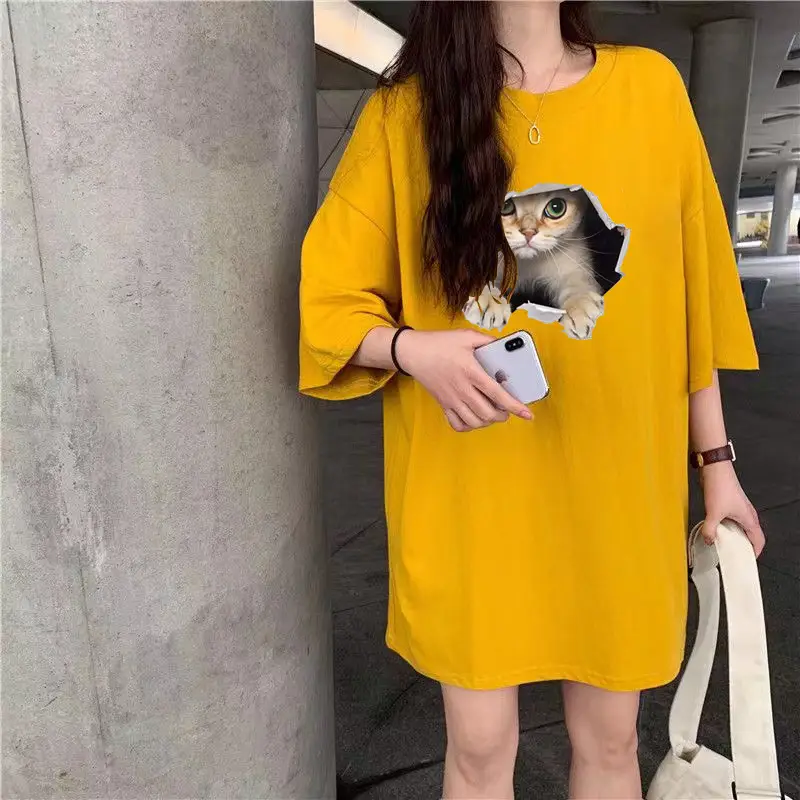 Women Loose T-Shirt White Cat Print - Image 8