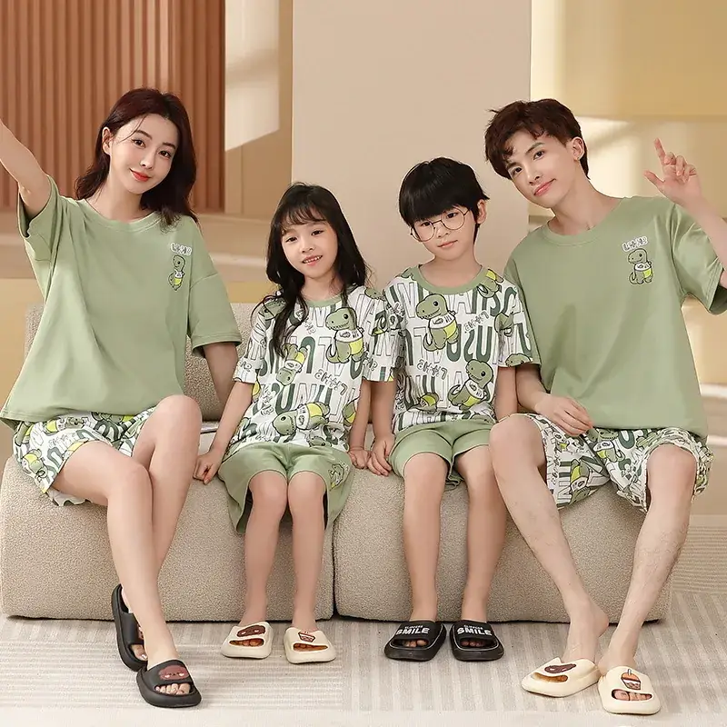 Summer Family Pajamas Green Cotton Shorts Set for Boys Girls