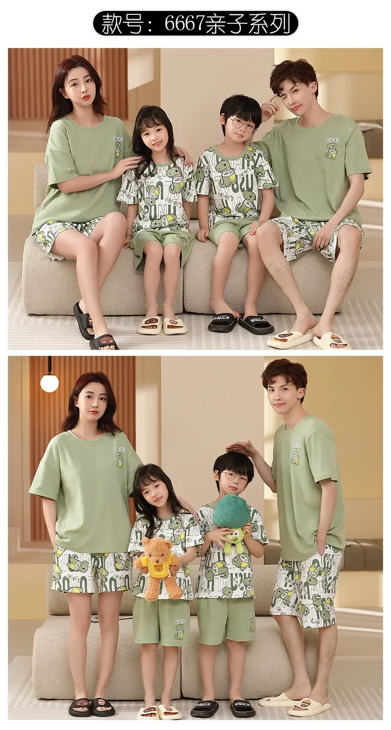 Summer Family Pajamas Green Cotton Shorts Set for Boys Girls — feature 22