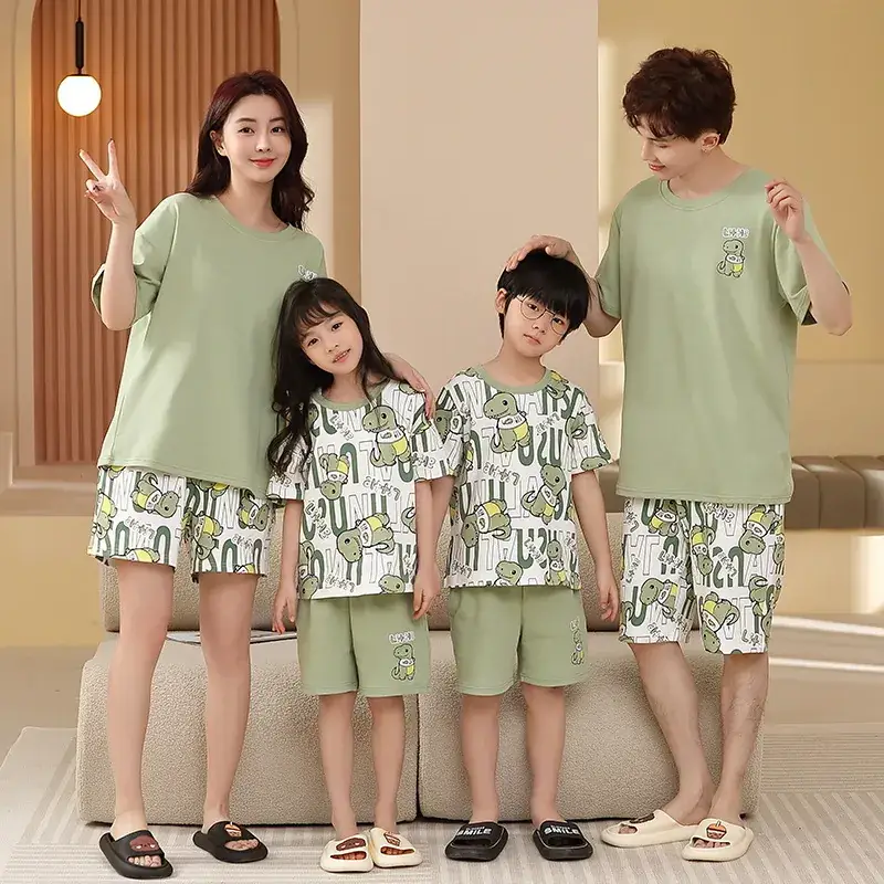 Summer Family Pajamas Green Cotton Shorts Set for Boys Girls