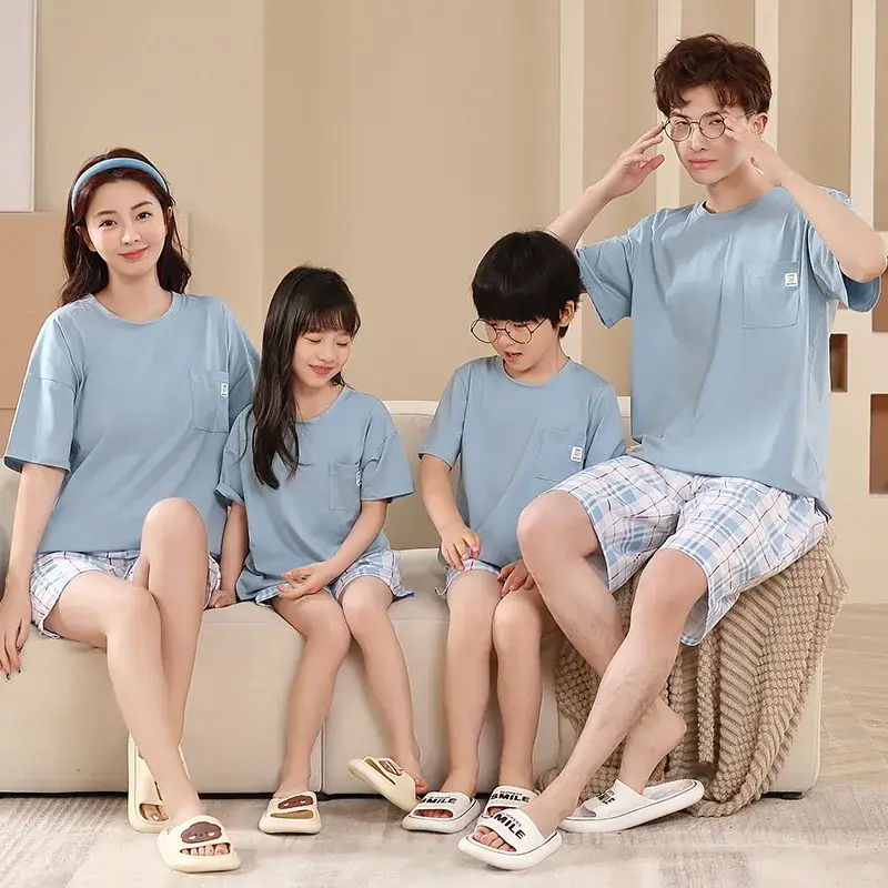 Summer Family Pajamas Green Cotton Shorts Set for Boys Girls