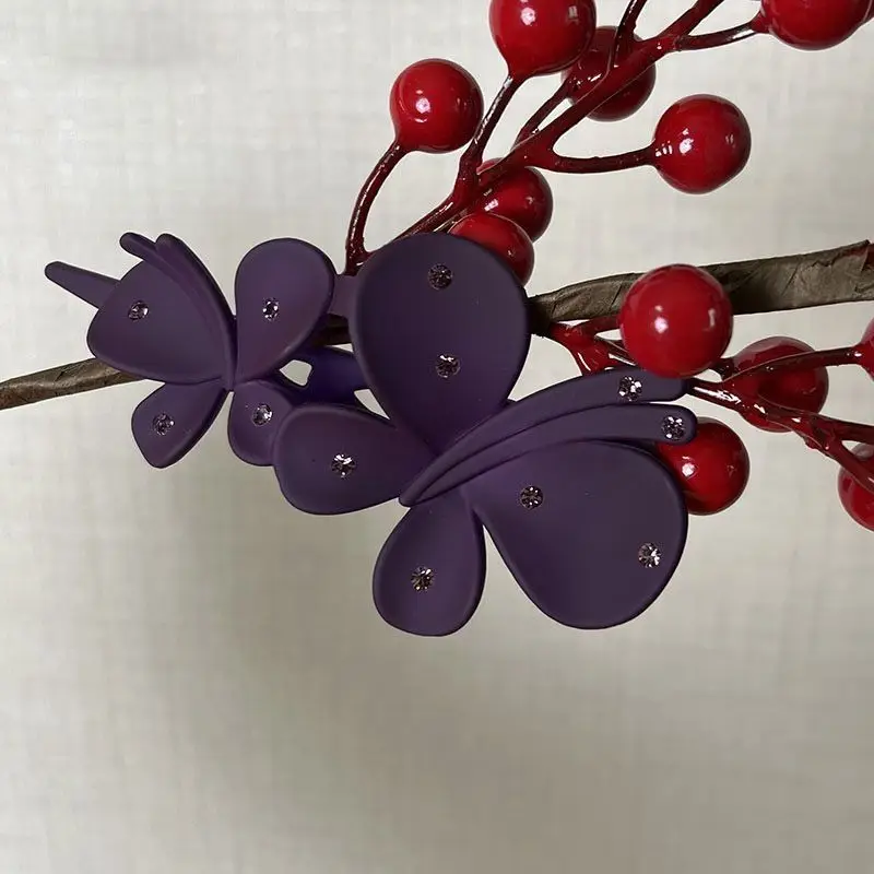 Purple Rhinestone Butterfly Hairpin with Duckbill Clip