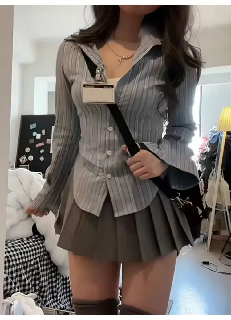 Striped Waist Shirt & Pleated Skirt Set for Women — feature 10
