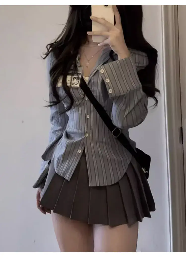 Striped Waist Shirt & Pleated Skirt Set for Women — feature 3