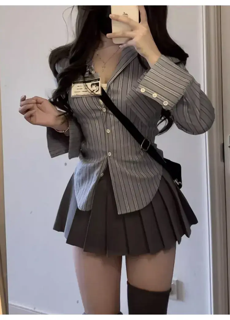 Striped Waist Shirt & Pleated Skirt Set for Women — feature 7