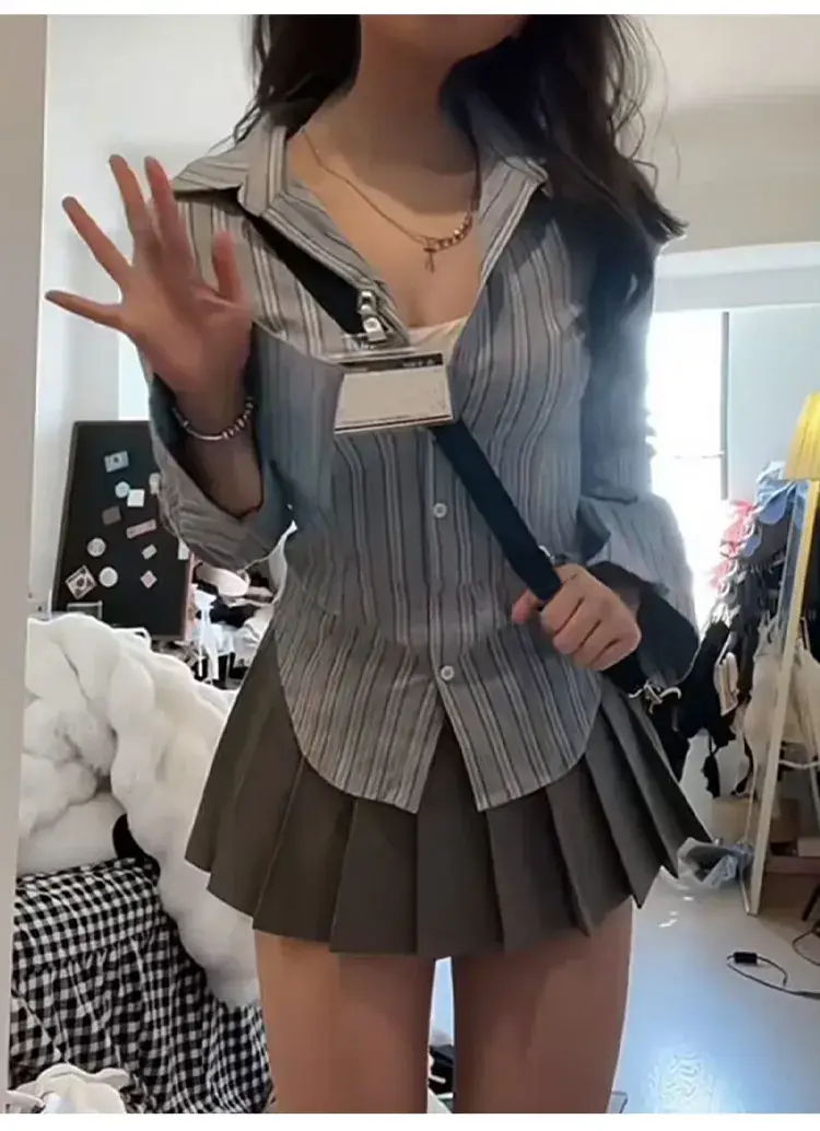 Striped Waist Shirt & Pleated Skirt Set for Women — feature 9