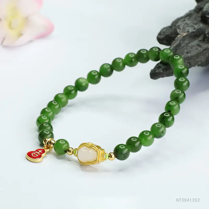 Green Jade Bracelet with Heart Pendant for Women