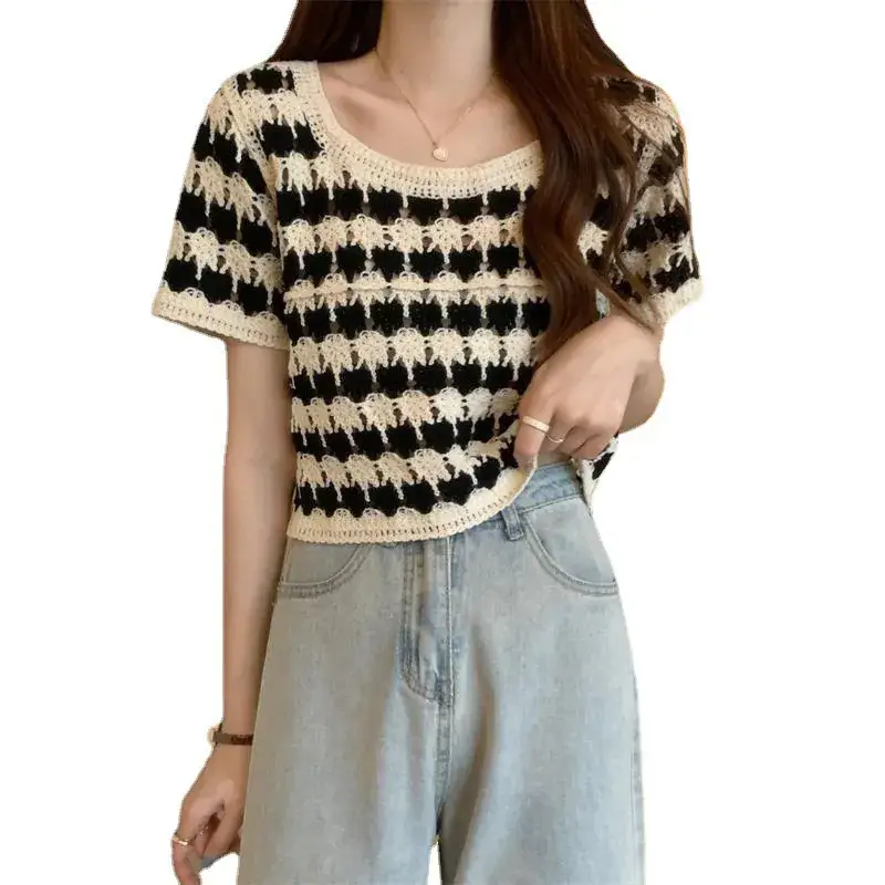 Women Striped Knit T-Shirt Summer 2024 - Image 8