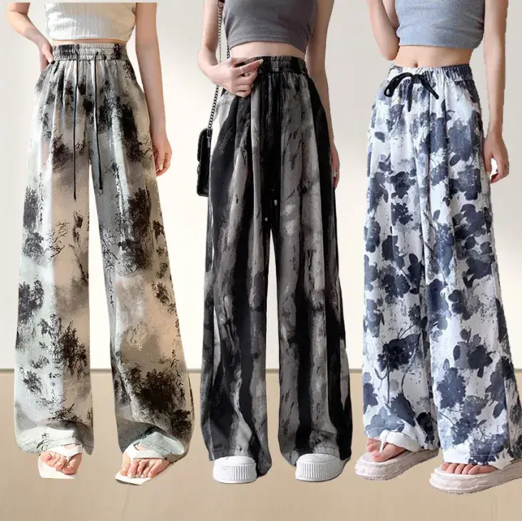 Women Ice Silk Wide Leg Pants Black Star Print High Waist