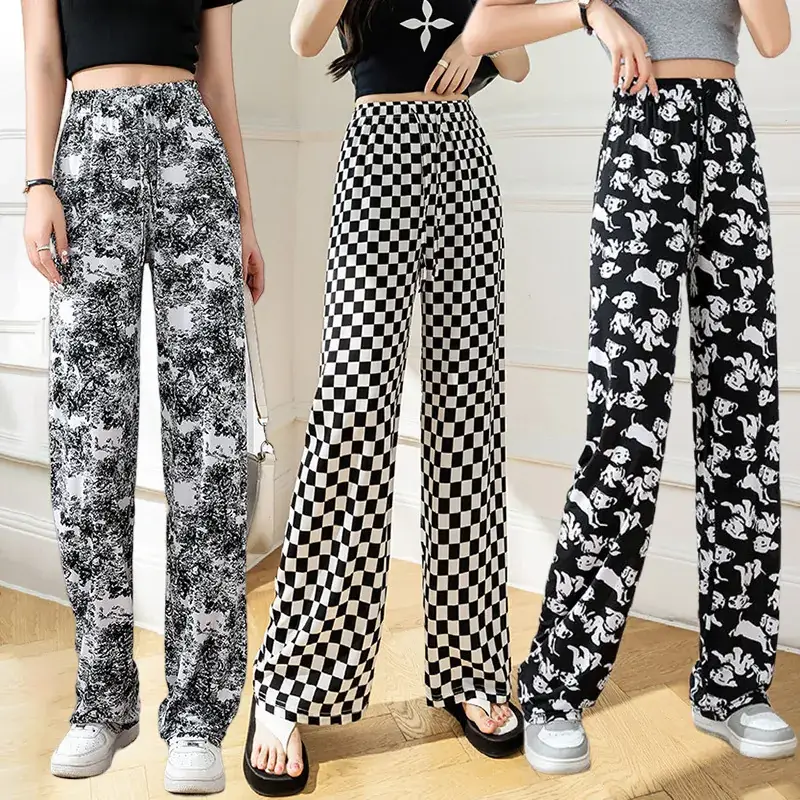 Women Ice Silk Wide Leg Pants Black Star Print High Waist