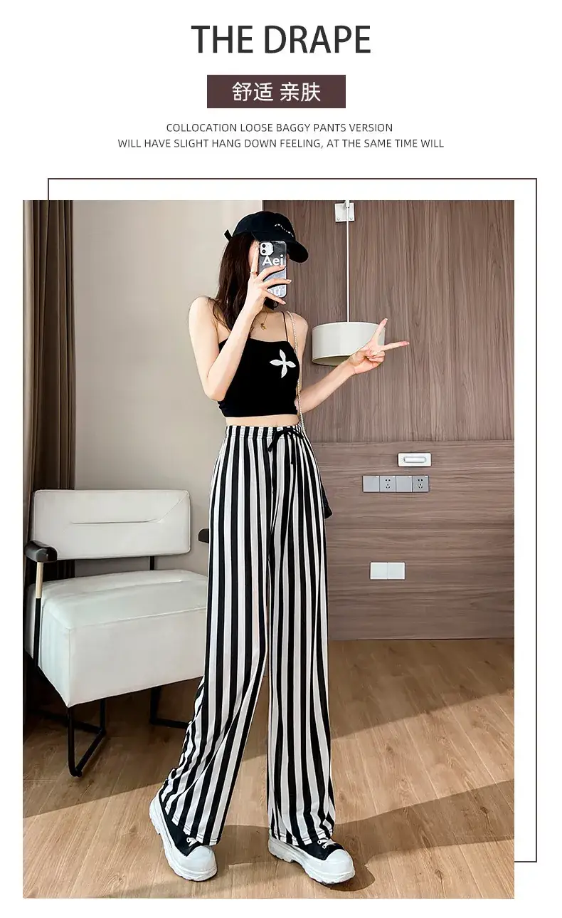 Women Ice Silk Wide Leg Pants Black Star Print High Waist — feature 13