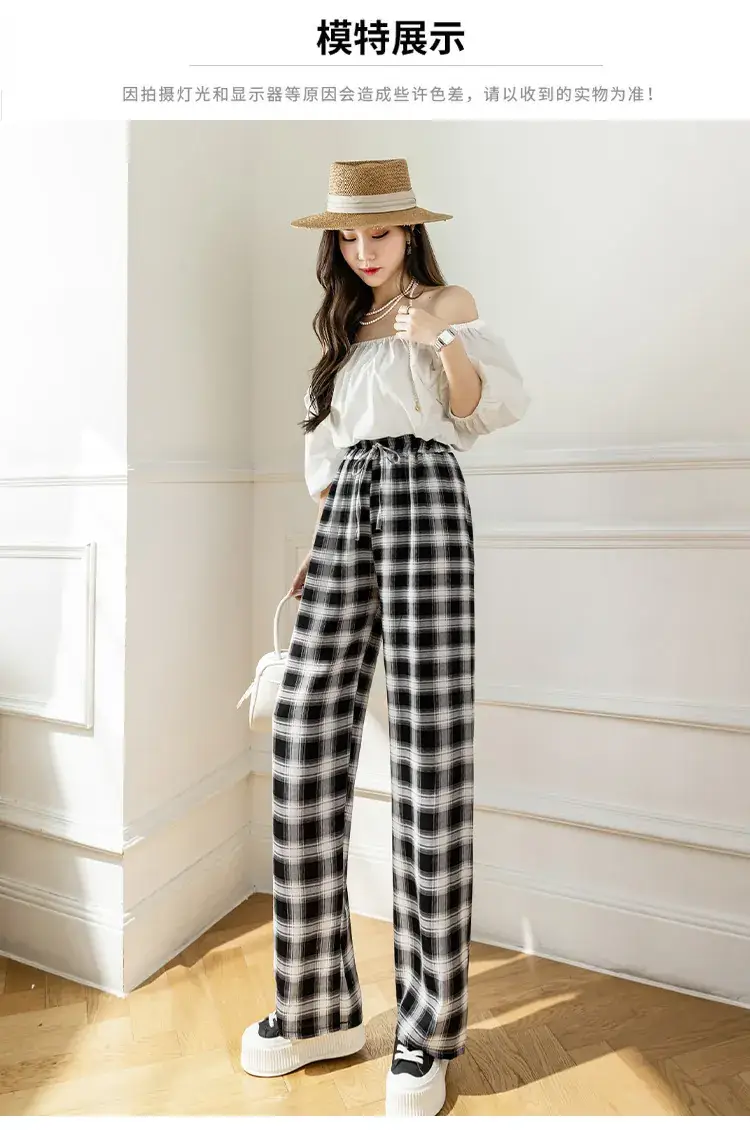 Women Ice Silk Wide Leg Pants Black Star Print High Waist — feature 16