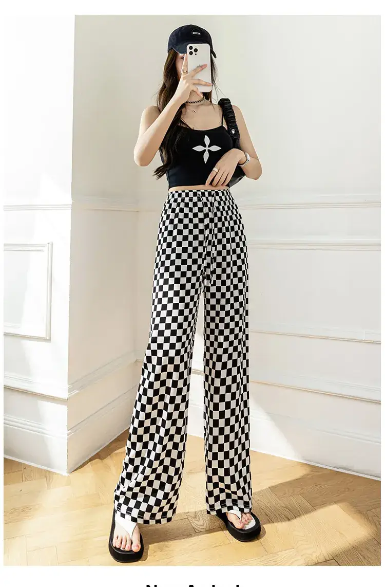 Women Ice Silk Wide Leg Pants Black Star Print High Waist — feature 18