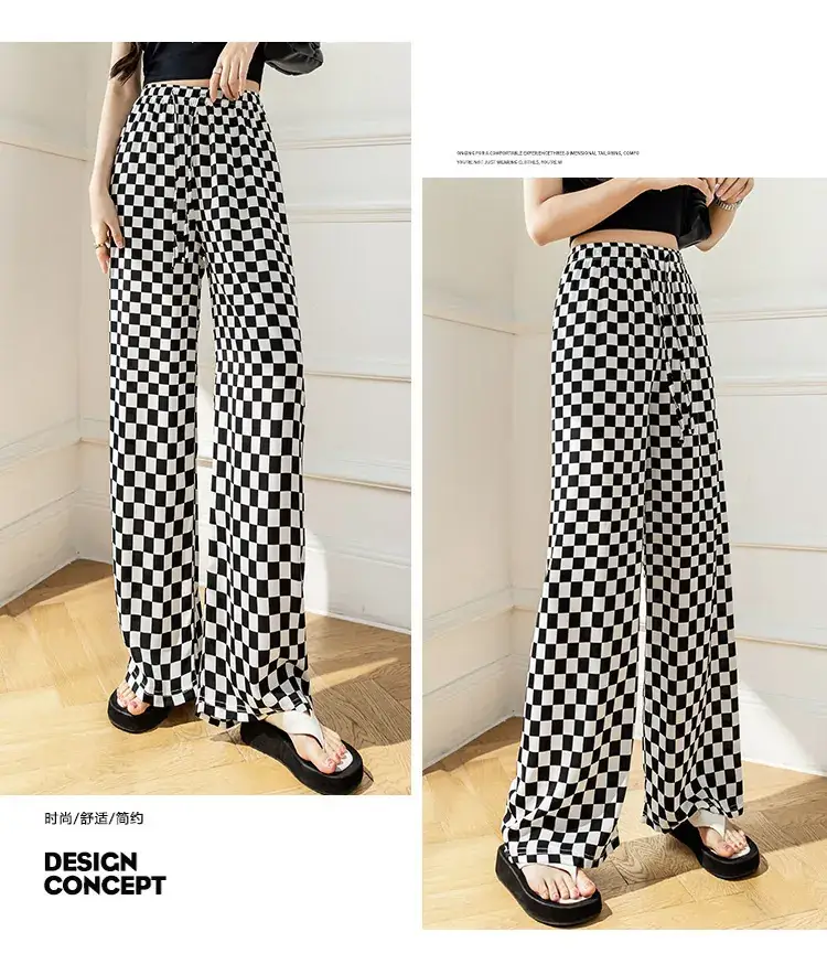Women Ice Silk Wide Leg Pants Black Star Print High Waist — feature 19