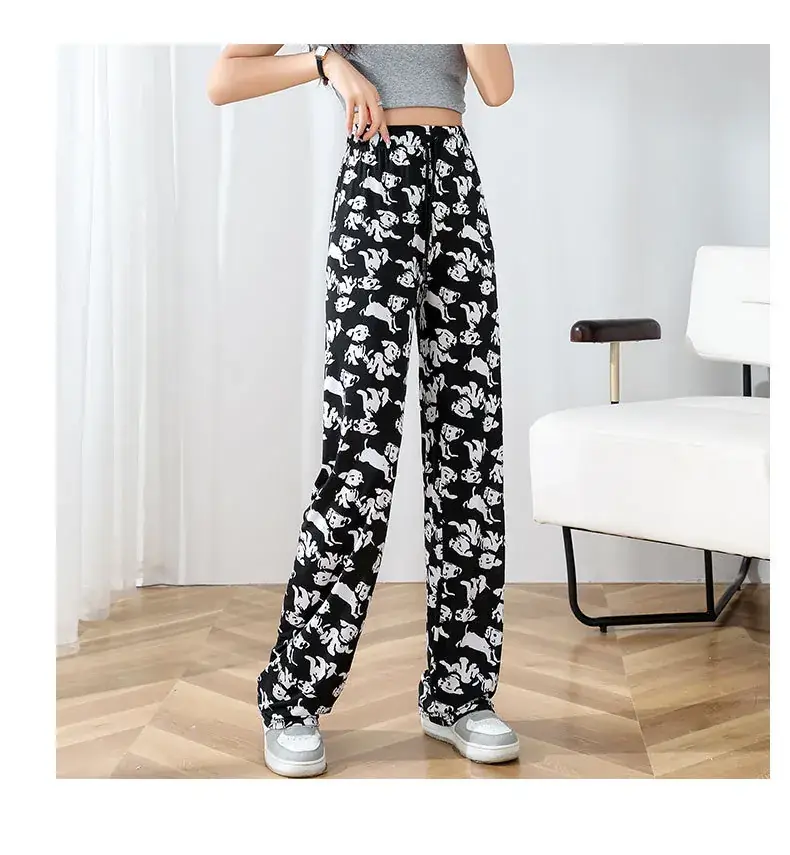 Women Ice Silk Wide Leg Pants Black Star Print High Waist — feature 20