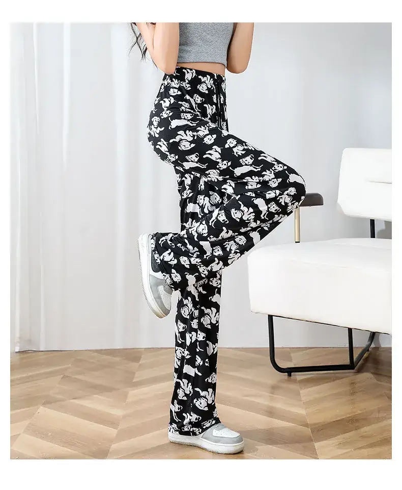 Women Ice Silk Wide Leg Pants Black Star Print High Waist — feature 21