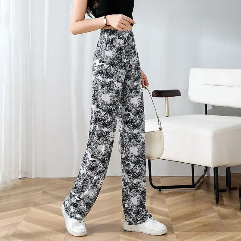 Women Ice Silk Wide Leg Pants Black Star Print High Waist — feature 22