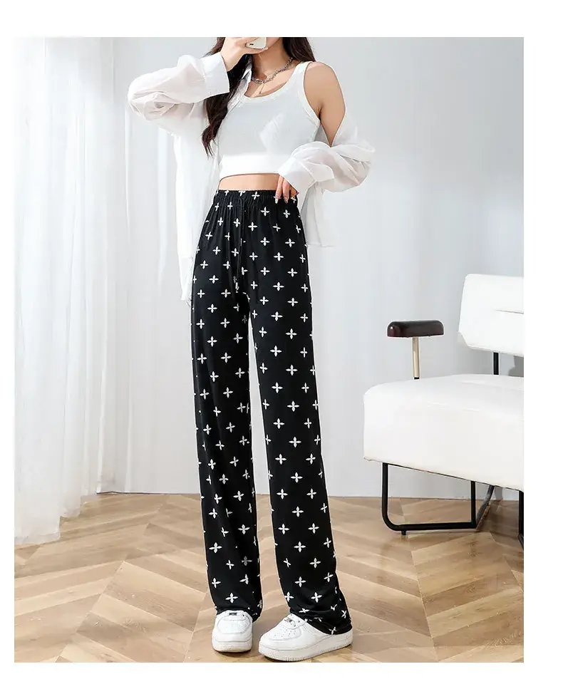 Women Ice Silk Wide Leg Pants Black Star Print High Waist — feature 25