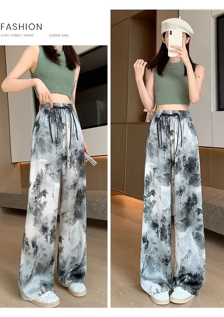Women Ice Silk Wide Leg Pants Black Star Print High Waist — feature 3