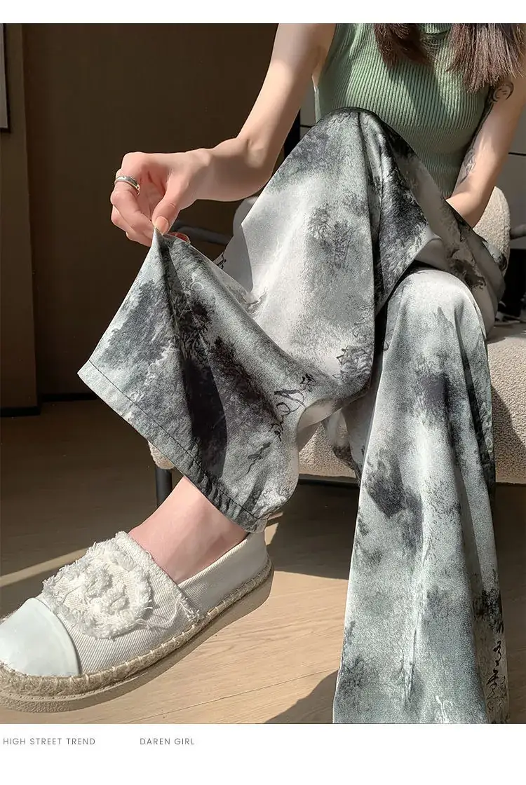 Women Ice Silk Wide Leg Pants Black Star Print High Waist — feature 5