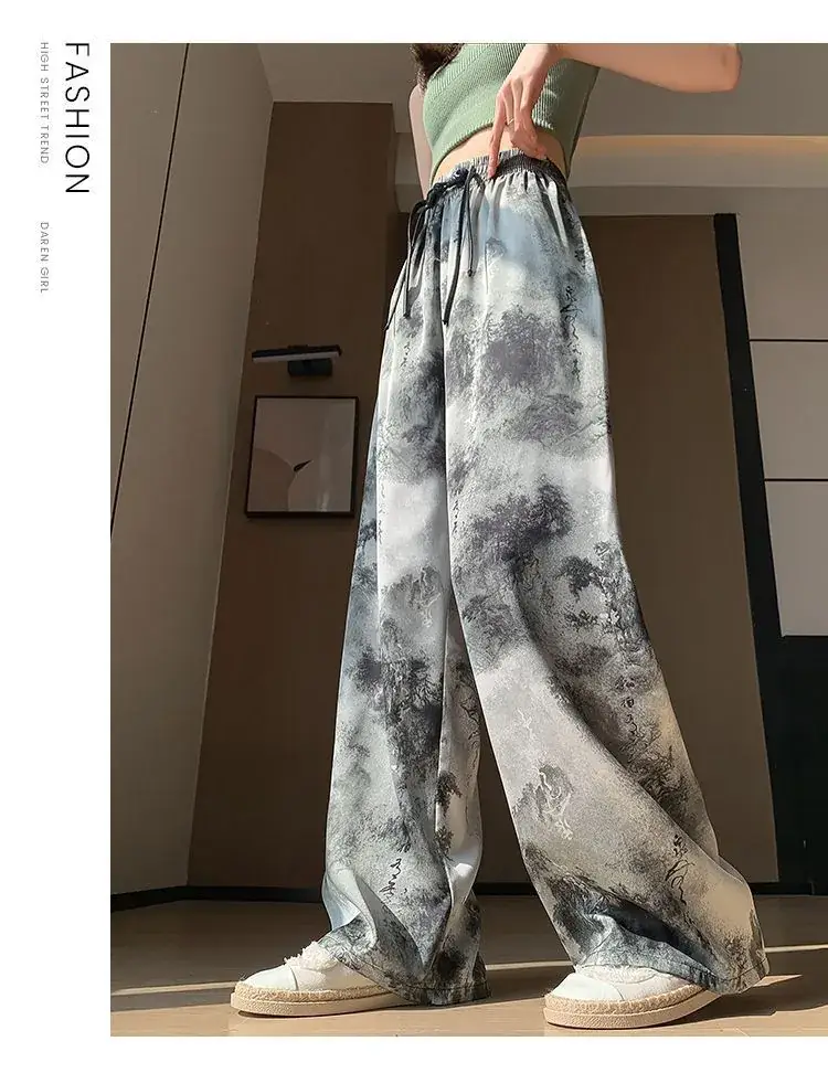 Women Ice Silk Wide Leg Pants Black Star Print High Waist — feature 6