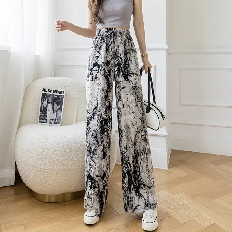 Women Ice Silk Wide Leg Pants Black Star Print High Waist
