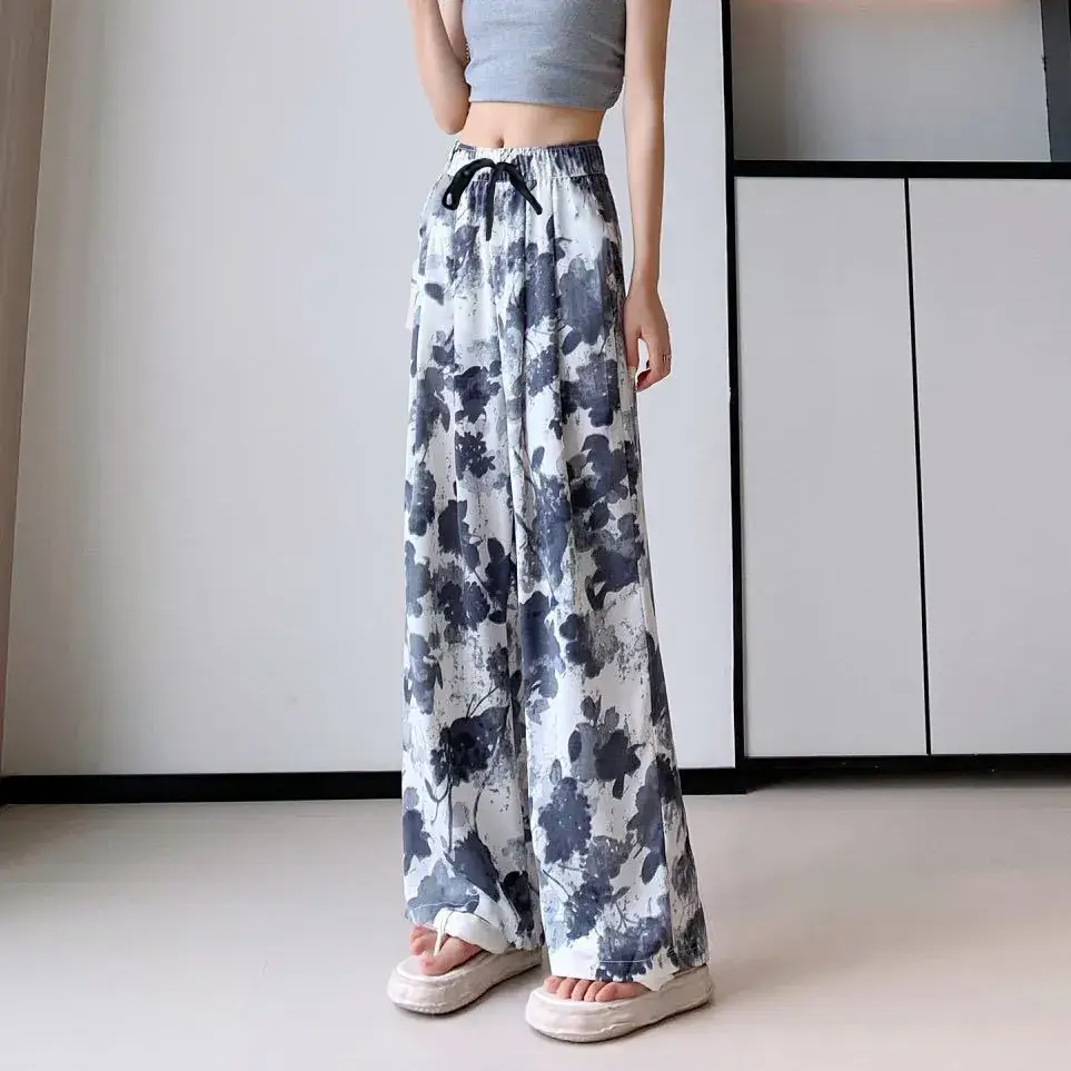 Women Ice Silk Wide Leg Pants Black Star Print High Waist